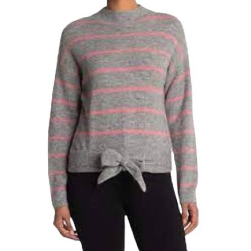 WAYF Womens Gray Pink Striped Bow Tie Front Tie Pullover Sweater XL